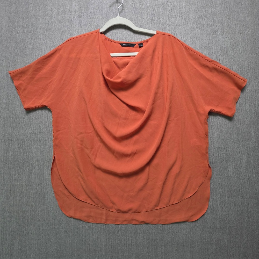 H by Halston Blouse Women M Orange Cowl Neck Short Sleeve High Low Hem Top